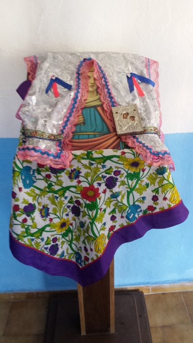 Church lectern decorated with headscarf & hand made textiles