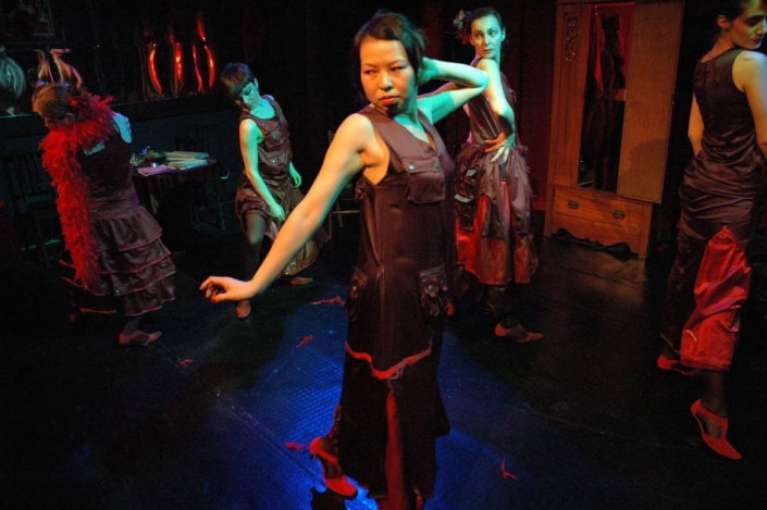 Josephine: 1920’s Chorus dresses re-constructed from recycled satin trousers & jackets with red decoration.