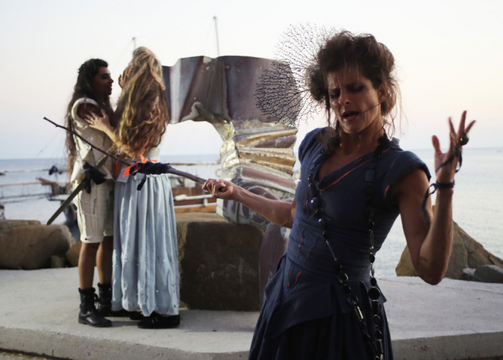 Prospero. Indigo bodice & skirt with orange Life Jacket detail and Safety Pins