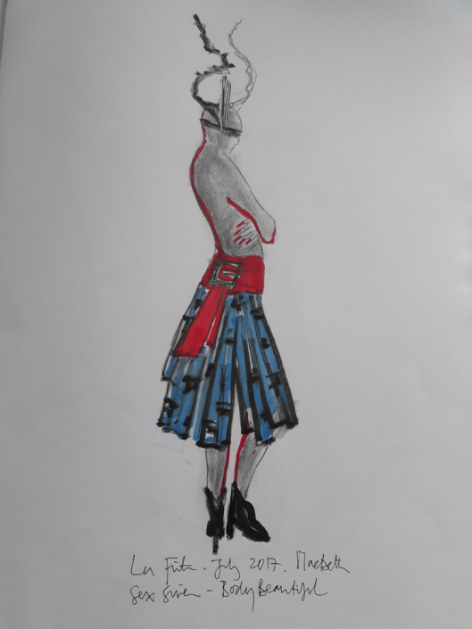 Design Sketches. Macbeth /Wrath/anger. Vogue category: Sex Siren/Body Beautiful. Celebrating the ancient Brit’s & African historic body painting. Red body paint symbolizes the blood of Macbeth’s murder and his life of Wrath. The dancer painted with wide Red stripes from the top of their head and running down their centre back to their waist,the inside of their legs, and the underarms, Face painted with soft stripe of Black/Grey across their eyes that meet their headdress.