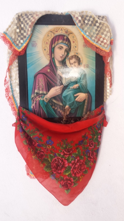 Religious Icon decorated with handmade textiles & headscarf