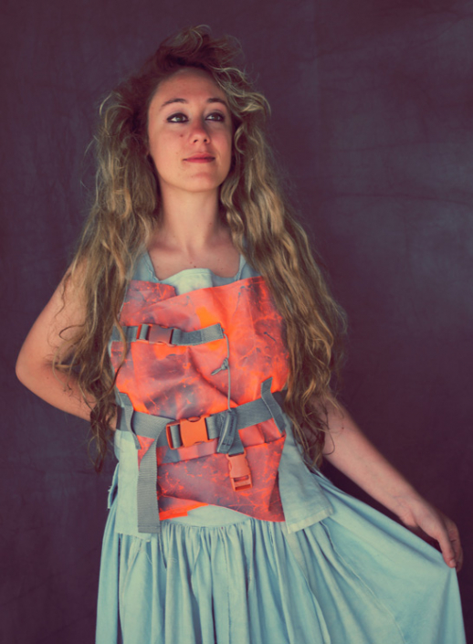 Miranda. Blue cotton bodice & skirt. Bodice of orange Life Jacket