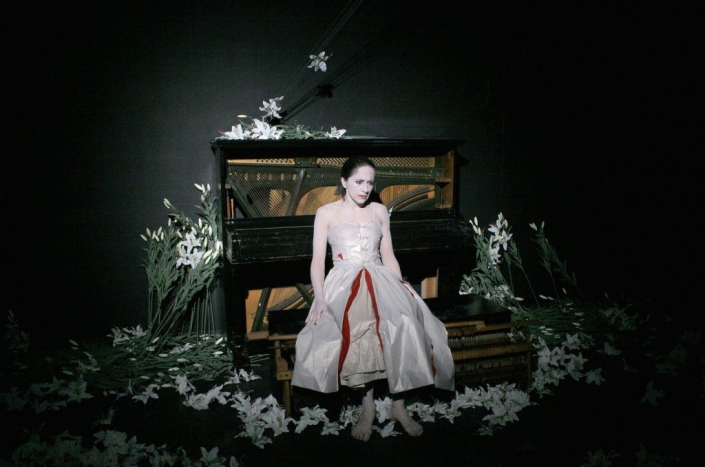 Waltz: Boned dress. Slashed to show red lining